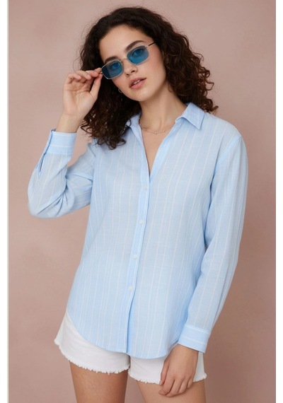 Rovebella Capri Çizgili Oversize Keten Gömlek Mavi