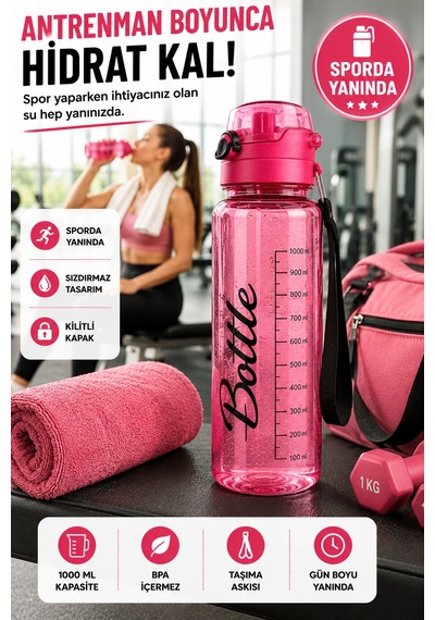 Pembe 1 Litre Suluk Matara Sızdırmaz Kilitli Kapaklı Bpa İçermez Okul Spor Su Şişesi 1000 Ml Askılı