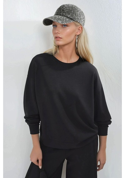 Hiccup Busem Rahat Kesim Bisiklet Yaka Modal Sweatshirt Siyah