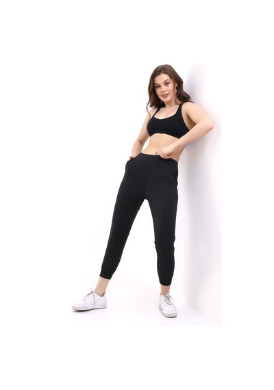 Winmoda34 Kadın Yüksek Bel Geniş Kemer Dalgıç Kumaş Jogger Full Likralı Tayt Eşofman Bilek Üstü Siyah