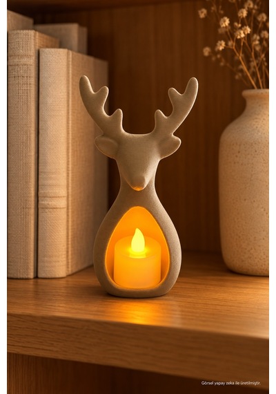 Geyik Figürlü Dekoratif Led Mumluk Bej, Çıkarılabilir Led Tea Light