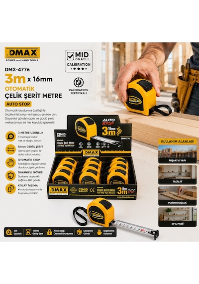 12 Adet 3mt X 16mm Otomatik Çelik Şerit Metre Stoplu 4741 0.004 M - 0.032 M