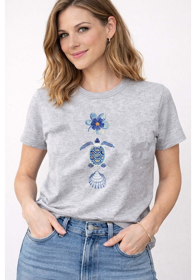 Herkesemoda Deniz Temalı Kaplumbağa Baskı Detaylı Kadın Bisiklet Yaka Pamuklu T-shirt Gri