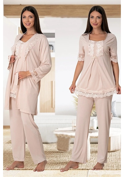 Effortt Dvina Lohusa Hamile Sabahlıklı Dantel Detaylı Ve Kısa Kollu Pijama Takımı -3'lü Set- Bej Bej