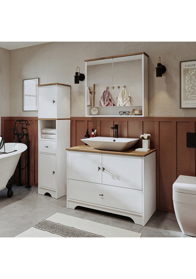 Lavabolu Mdf 100Cm Çekmeceli Banyo Dlp + Aynalı Üst Dlp + Boy Dlp Beyaz - Atlantik Çam