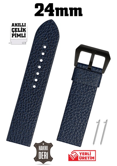 24mm Lacivert Floter Spor Hakiki Deri Saat Kordonu Kayış Akıllı Pimli Siyah