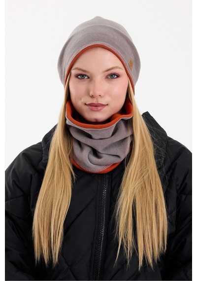 Butikgiz Kadın Dış Kısım Polar, İç Kısım Kaşkorse Pamuklu, Çift Renk, Çift Kat, Katlanabilir Bere Boyunluk Set Gri-kiremit