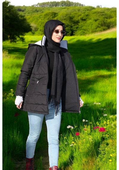 Barbora Kışlık Su Geçirmez Kapüşonlu Eldiven Detaylı Uzun Şişme Mont Siyah