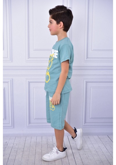Veramoni Unisex Change Baskılı Çocuk Kısa Kol Yazlık Beli Lastikli Cepli Şort Alt Üst Takım Yeşil