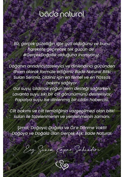 Bade Natural Saf Canlandırıcı ve Besleyici Etkili Doğal Lavanta Suyu Tonik 100 ML