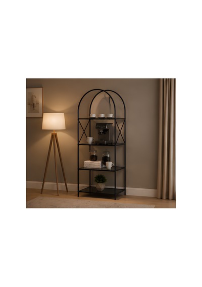 Metal Kitaplık Ve Dekoratif Raf 180x70 Cm Statik Boyalı Temperli Cam Siyah