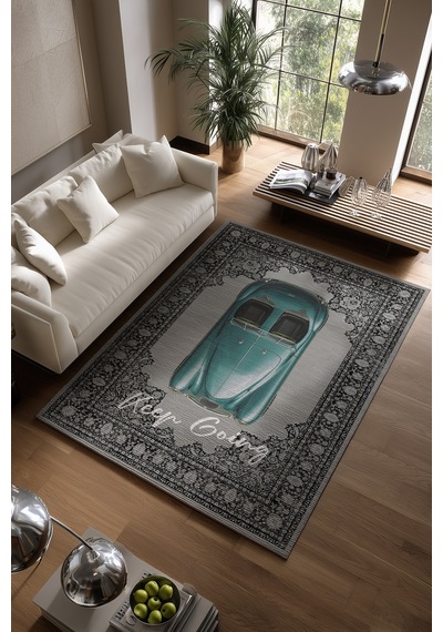 Retro 106 Gri Mavi Vintage Retro Araba Figürlü Keep Going Tasarım Halı Salon Oturma Ev Oda Halısı Gri - Mavi