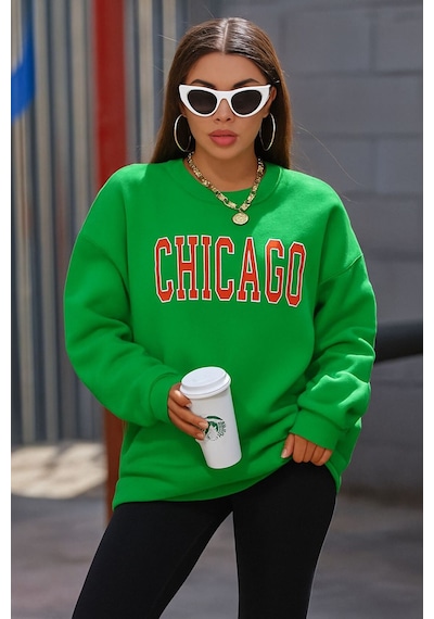 Benroma 3 İplik Penye Chıcago Baskılı Unisex Sweatshırt Yeşil