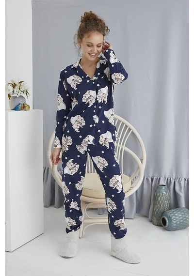 Waynap Kadın Düğmeli Desenli Pijama Takımı Boydan Düğmeli Takım- 1001 Lacivert Waynap Kadın Düğmeli Desenli Pijama Takımı Boydan Düğmeli Takım- 1001 Lacivert