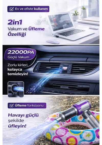 22000pa 2in1 Araç İçi Süpürge Üfleme Fonksiyonlu 15.000mah Şarjlı Kablosuz Mini Vakum