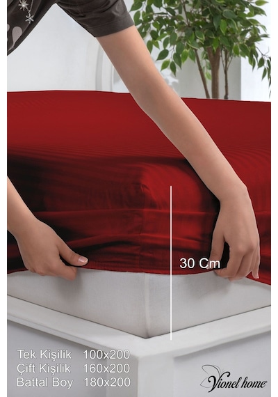 %100 Pamuk Çizgili Saten Tek / Çift Kişilik Lastikli Çarşaf Seti 100x200 160x200 180x200 Bordo