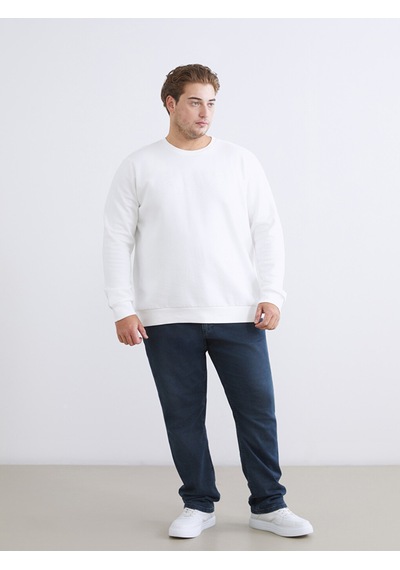 Lcwaıkıkı Classic Beyaz Büyük Beden Bisiklet Yaka Baskılı Erkek Kalın Sweatshirt
