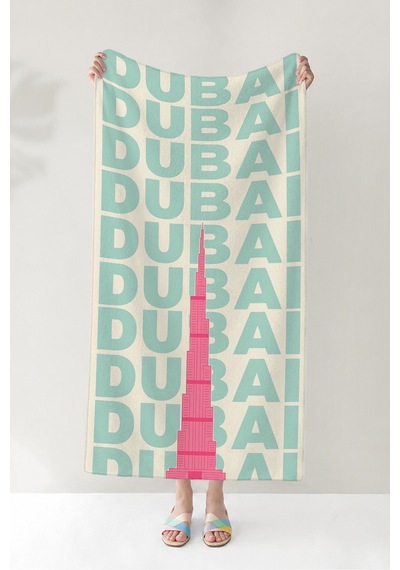 Dubai Şehir Temalı Modern Plaj Havlusu-turkuaz Pembe Tipografik Havuz Deniz Hızlı Kuruyan Örtü Havlu Donuk Çiçeği