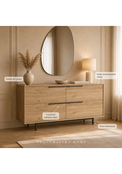 Voguemaxima Home Marina 4 Kapaklı Metal Ayaklı Konsol 160x44,5x74,3 Cm Sepet Bej