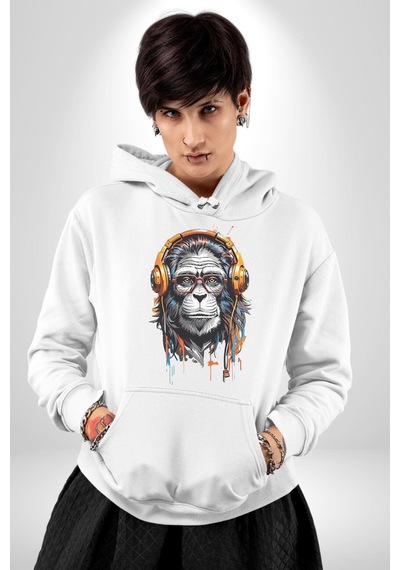 Kulaklık Maymun Müzik Dinliyor Kadın Erkek Beyaz Kapüşonlu Sweatshirt Hoodie Beyaz
