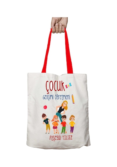 Art Hediye Kırmızı Kulplu Kişiye Özel Çocuk Gelişimi Öğretmeni Yıkanabilir Omuz Çanta Çok Renkli