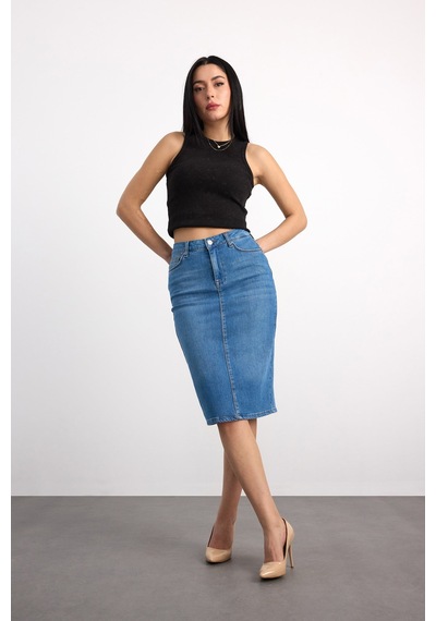 50286 73604 Kadın Regular Fıt Mıdı Denim Etek 50286-73604 Açık Mavi