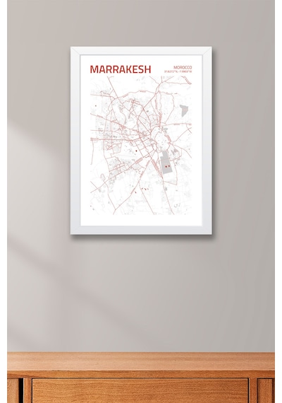 Marakeş Fas Morocco Haritası Çerçeveli Tablo Lüks Salon Ofis Duvar Dekorasyonu Hediyelik Tablo Beyaz