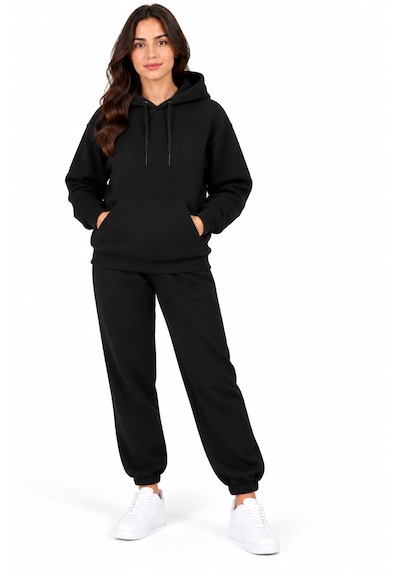Kadın Siyah Kapüşonlu Kanguru Cepli 3 İplik Şardonlu Sweatshirt