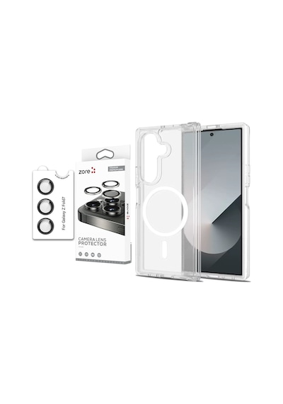 Vendas Samsung Uyumlu Galaxy Z Fold 7 Kılıf Magsafe Şarj Özellikli Şeffaf Sert Pc Zore Embos Kapak + Safir Kamera Lens Koruyucu