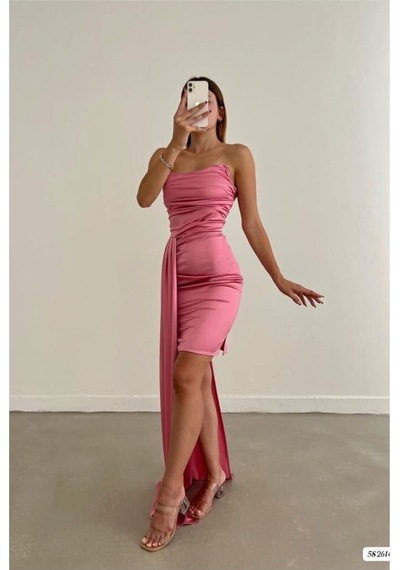 Store Saten Yırtmaçlı Elbise Kumaş Midi Abiye Straplez Pembe - 935901512 Pembe