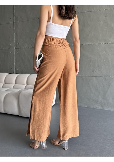 Eke Tekstil Kadın Camel Keten Paçaları Yırtmaçlı Pantolon-camel Camel