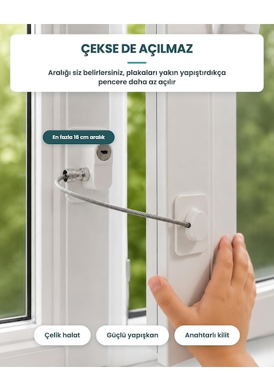 Vidasız Halatlı Pencere Emniyet Kilidi, Anahtarlı Çelik Halatlı Çocuk Güvenlik Kilidi, Yapışkanlı, Beyaz Altın Ve Çok Renkli
