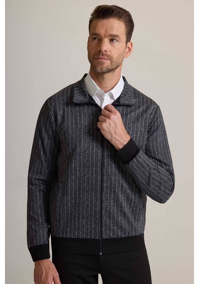 Ysf Erkek Gri Çizgili Fermuarlı Çizgi Desenli Sweatshirt