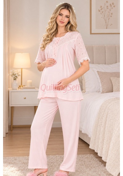 Lady Bebe Pembe Renkli Dantel Detaylı 33206 Kısa Kol 2 Parça Lohusa Hamile Pijama Takımı Açık Pembe