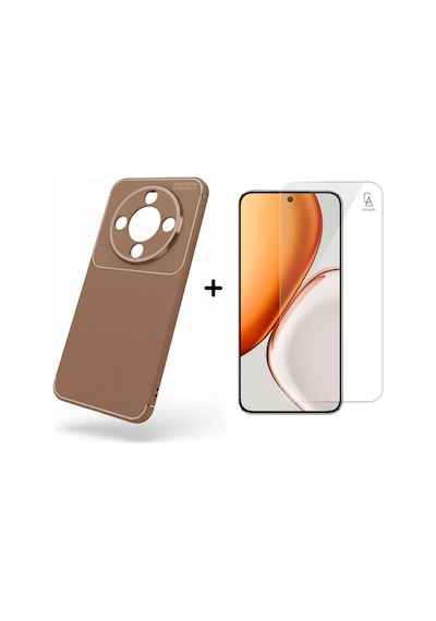 Honor Magic 8 Lite İle Uyumlu Karbon Tasarım Silikon Telefon Kılıfı Ve Temperli Cam Ekran Koruyucu Kahverengi