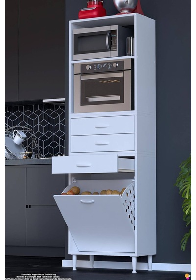 Kumsal 65 Cm Fırın Dolabı Beyaz 3 Çekmeceli Sepetli Çok Amaçlı Mutfak Kiler Dolabı 65x194x32 Cm