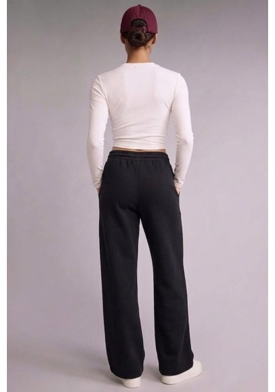 Soft&Basic Kadın Beli Bağcıklı Düz Paça Cepli Rahat Jogger Flare Fit Eşofman Altı Siyah