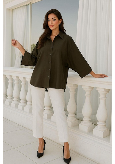 Rich Kadın Kahverengi Oversize Gömlek - Trend Bol Kesim Yumuşak Dokulu Salaş Gömlek Çok Renkli