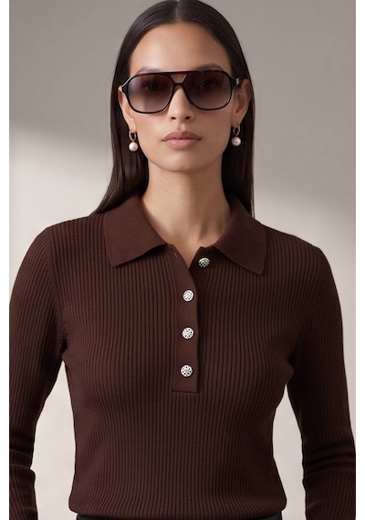 Fashion Friends Polo Yaka Kahverengi Kadın Bluz 26k0149k1