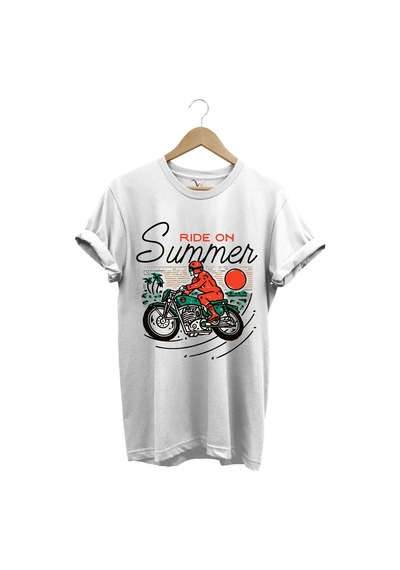 Motorsiklet Motorcu Özel Yaz Tasarımlı Ride On Summer Regular Fit %100 Pamuk Beyaz T-shirt Beyaz