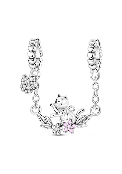 Miniş Kedi Ve Kelebeği Zincir Sallantılı Charm Gümüş