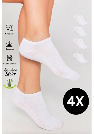 Bamboo Star Bambu Kadın Sneaker Beyaz Çorap Dikişsiz Bilekte Görünmez Spor Çorap Premium 4 Lü Paket
