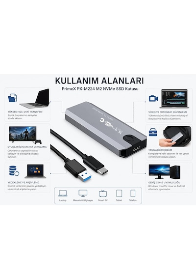 Primex Px-m224 M.2 Nvme Ssd Kutusu, Type-c Usb 3.1/3.2 Harici Ssd Kutu, Pcıe Nvme M.2 Ssd Uyumlu Alüminyum Taşınabilir Disk Muhafazası, Usb-c Hızlı Veri Aktarım Harici Ssd Hdd Kutusu