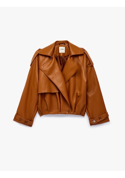 Koton Uzun Kollu Düğmeli Crop Oversize Suni Deri Kruvaze Yaka Bomber Ceket Kiremit 7wak20354ew Kahverengi