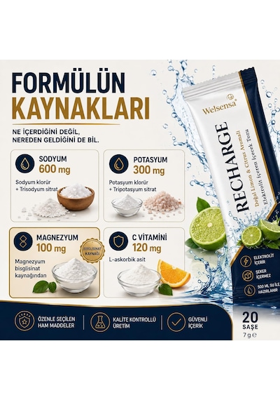 Recharge 20 Saşe, Şekersiz Elektrolit İçecek Tozu, Magnezyum Bisglisinat Ve C Vitamini, Limon & Citrus Aromalı