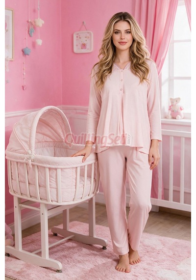 Lady Bebe Pembe Renkli Dantel Detaylı, 33201 Uzun Kol, 2 Parça Lohusa Hamile Pijama Takımı Açık Pembe