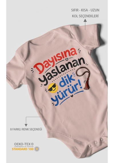 Morivokids Dayısına Yaslanan Dik Yürür Kısa Kollu Bebek Body %100 Pamuk Pastel Pembe