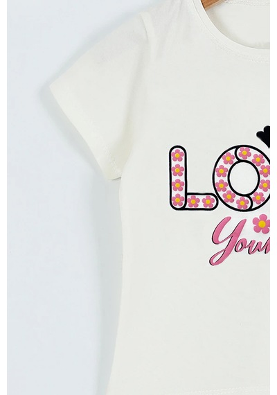 Hçm Kız Çocuk Tshirt Love Baskılı Bisiklet Yaka D28 Krem