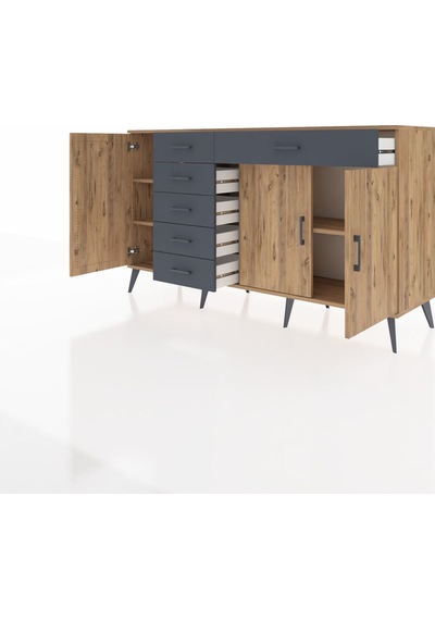 Kronos Konsol 3 Raflı 6 Çekmeceli 3 Kapaklı 176x59x99 Çam-çam/ant Çam-çam/antrasit