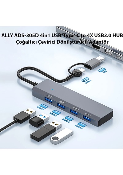 Ally Ads-305d 4in1 Usb/type-c To 4x Usb3.0 Hub Çoğaltıcı Çevirici Dönüştürücü Adaptör- 5775 Gri